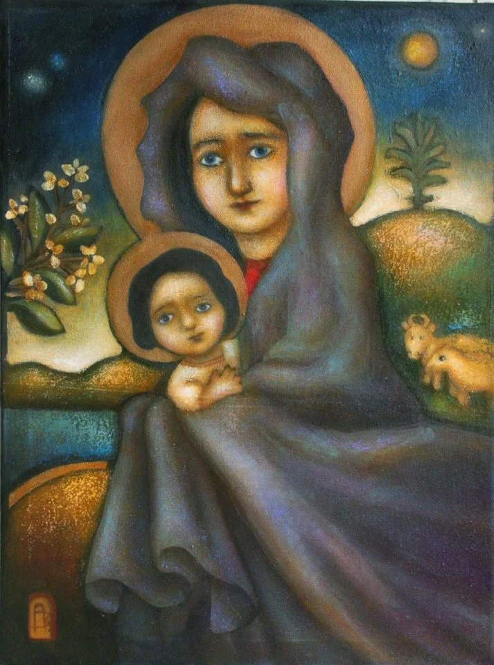 A painting of a woman with two children, surrounded by a moonlit landscape with trees and animals.