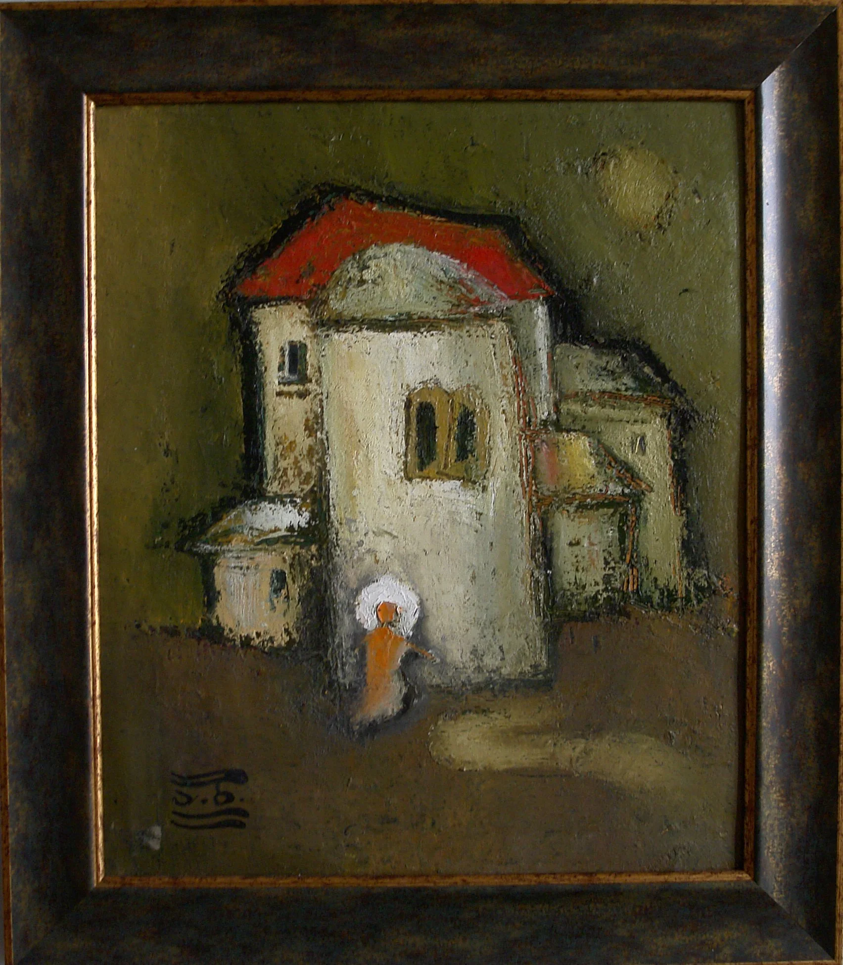 Oil painting of a large white house with a red roof and a small figure standing in front of it against a green background.