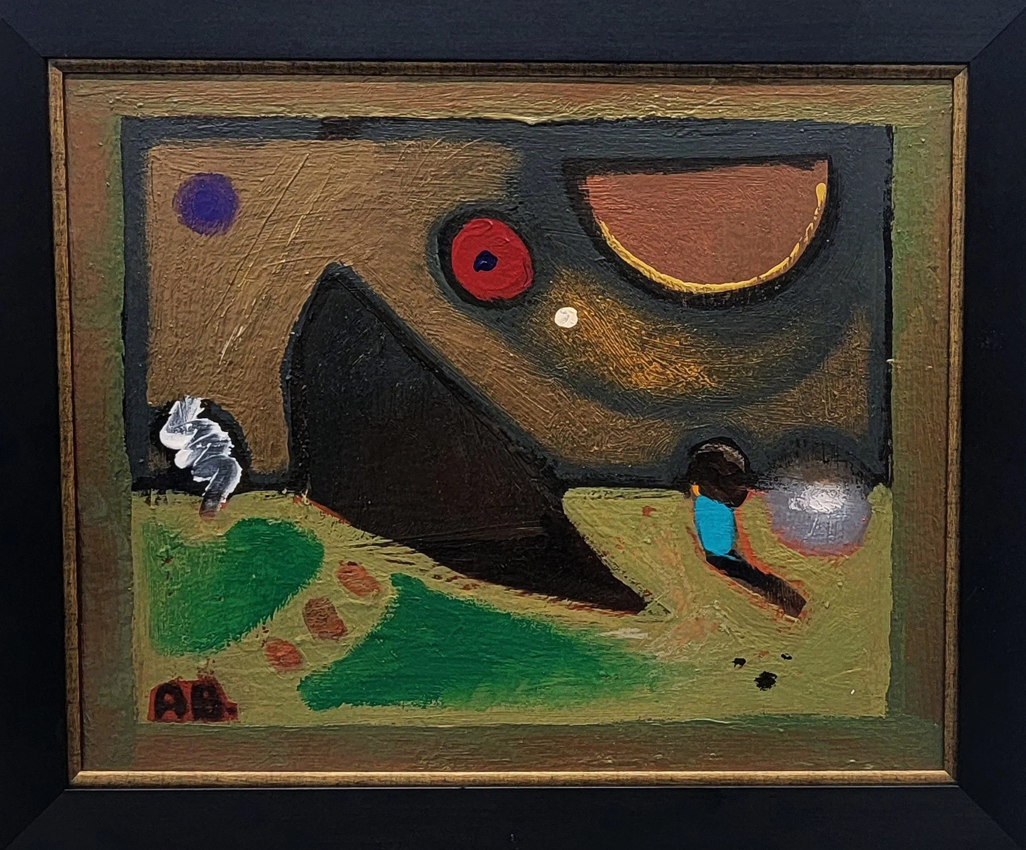 Abstract painting with a boy sitting on a grassy hill near a shiny sphere, featuring geometric shapes and bold colors like red, purple, black, brown, and green.