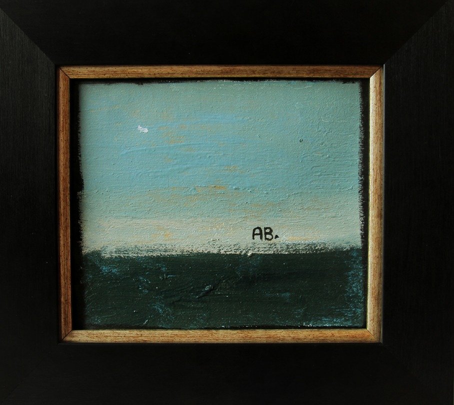 A small landscape painting of a sky with a hint of cloud and horizon, signed 'AB' in the bottom right corner, framed in wood.