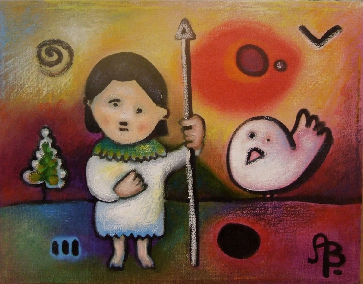 A surreal painting showing a child holding a spear and wearing a white dress with a green collar, standing barefoot on a colorful landscape. To the child's right is a large, floating, transparent, cartoonish face of a baby with wide eyes and an open 