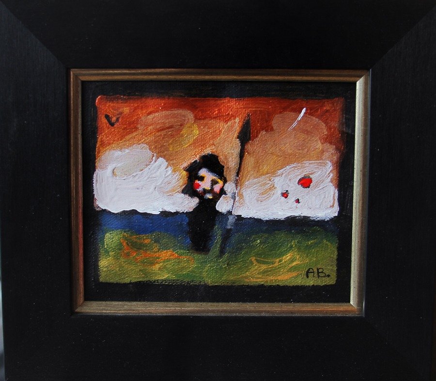 A colorful, abstract painting of a warrior holding a spear, with a vibrant sunset background and a black frame.