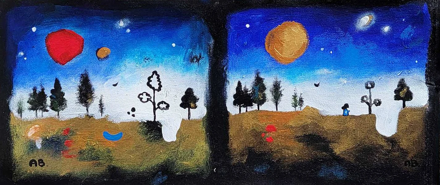A split landscape painting showing a starry night sky with planets and stars, trees, small mountains, and hikers holding umbrellas in different colors on a hilly terrain.