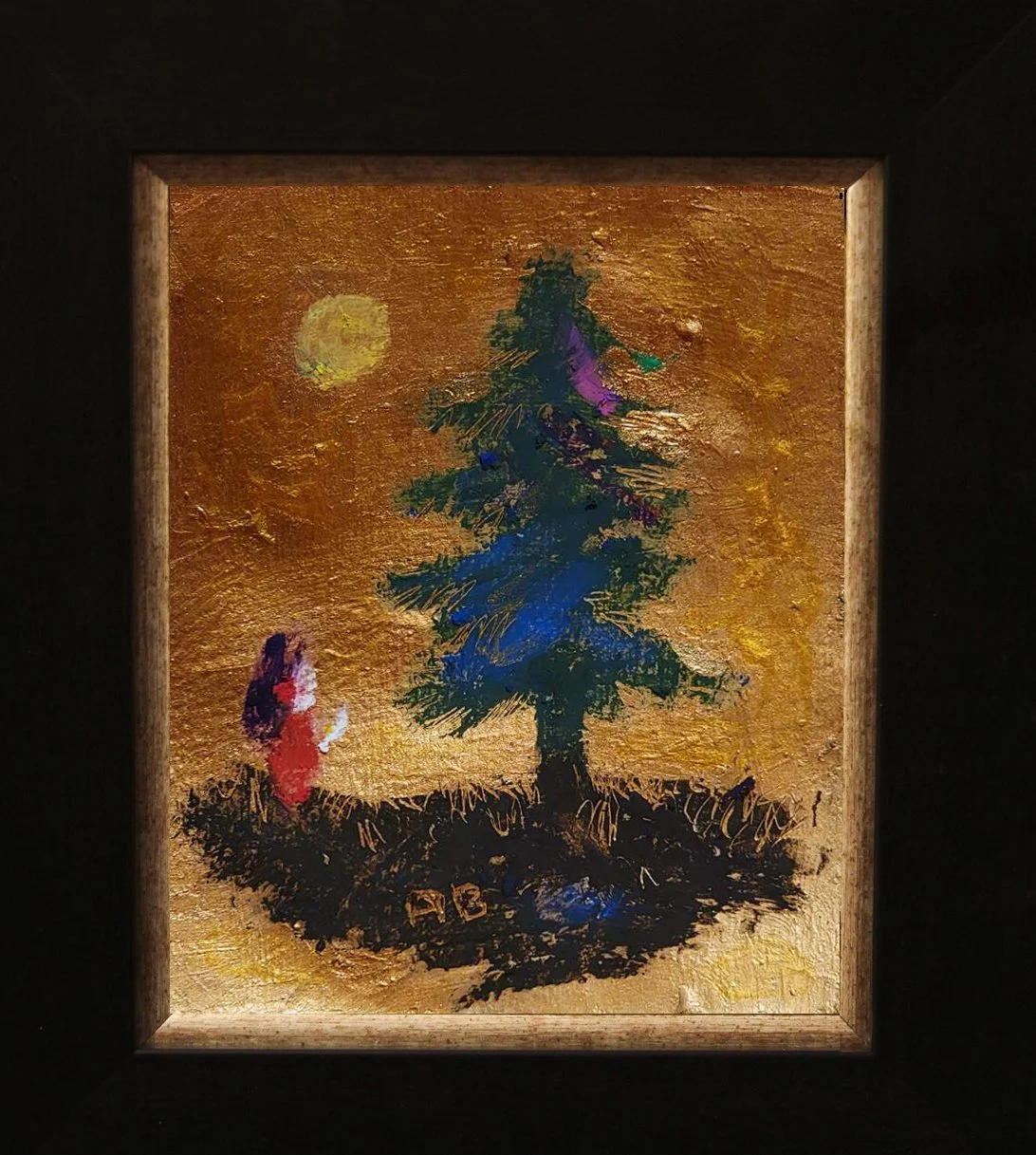A small painting of a pine tree on a textured gold background with a yellow moon in the sky and a red figure standing to the left of the tree.