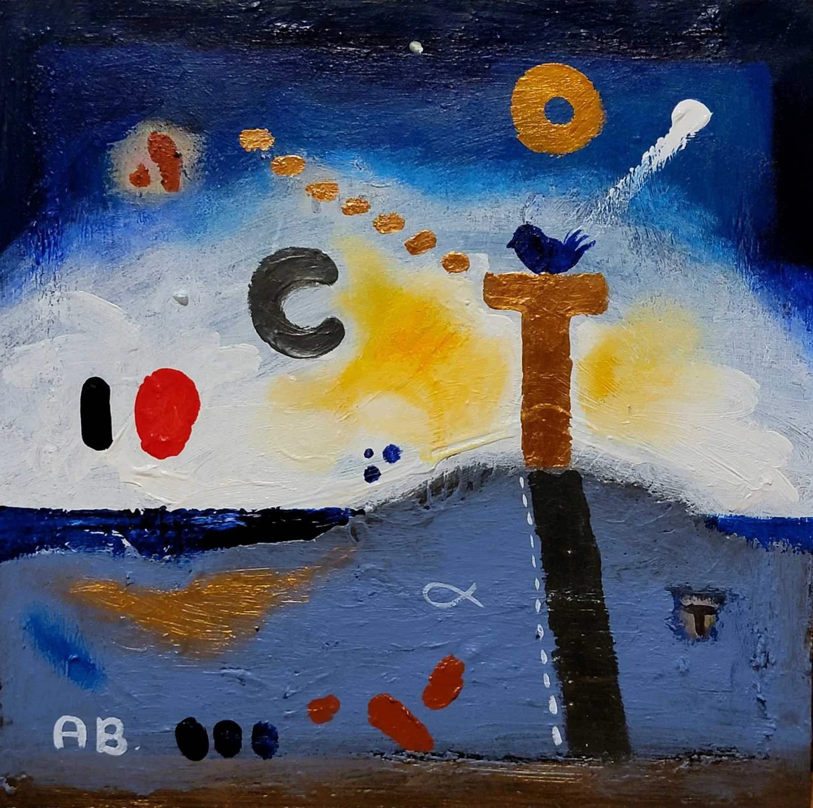 Abstract painting featuring colorful shapes, letters, and symbols on a mixed blue and white background with a yellow light in the center.