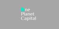 Logo with text 'one Planet Capital' on a gray background.