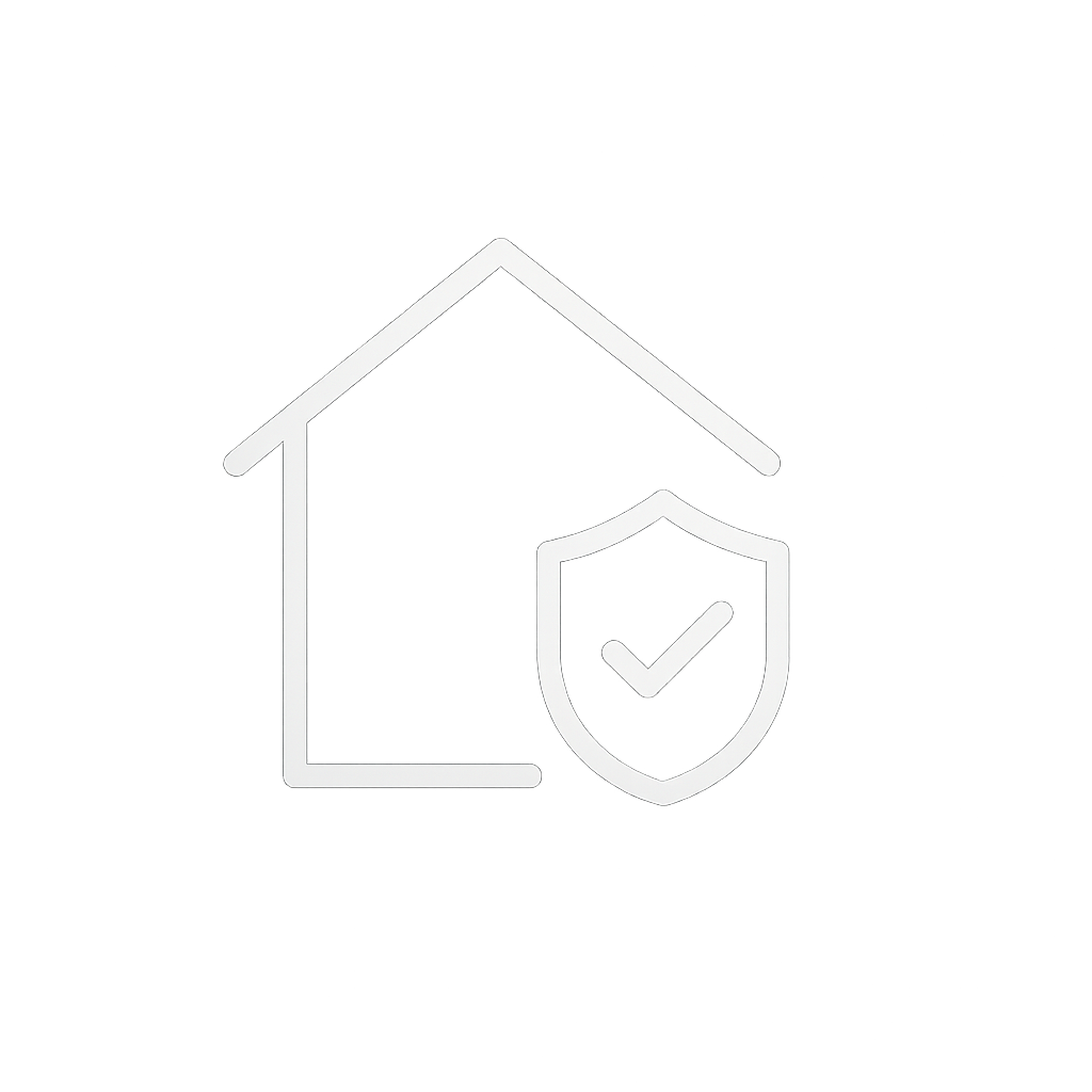 Outline of a house with a shield containing a checkmark in front of it, glowing on a gray background.
