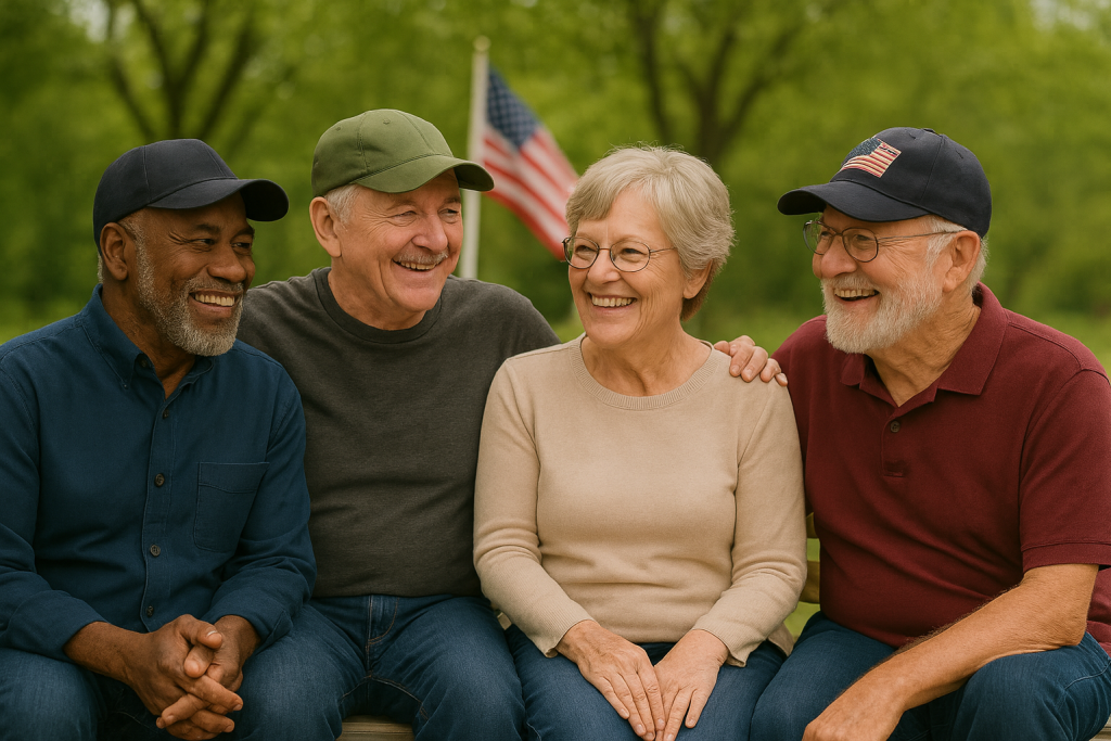 Four seniors sitting outdoors, smiling and laughing, with American flags in the background.