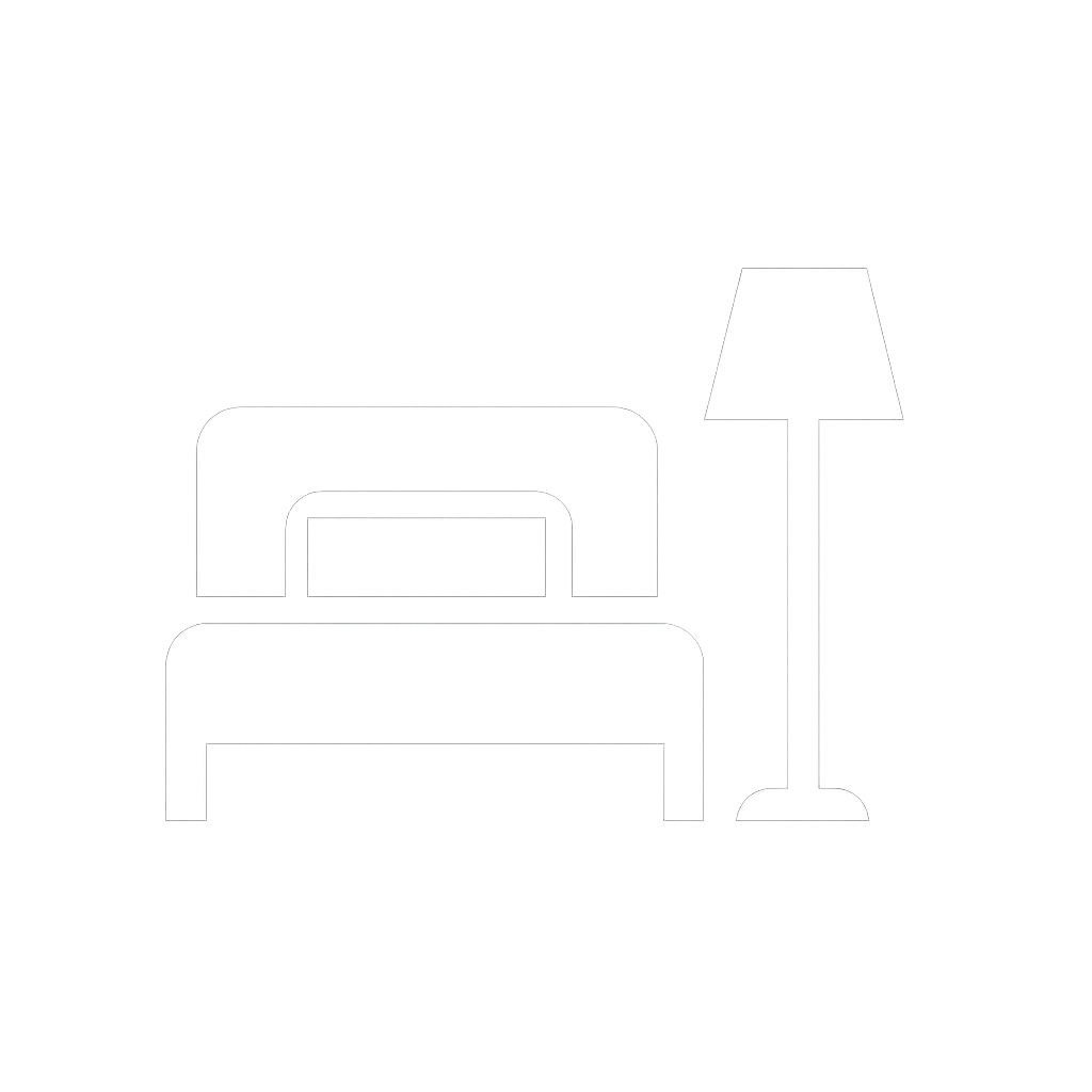Icon of a bed with a pillow and a floor lamp beside it.