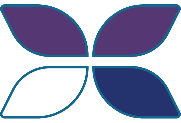 Four stylized leaves in purple and blue colors, arranged in a symmetrical pattern.