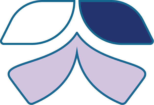 Stylized logo with three leaves and three bent shapes in shades of blue and purple.