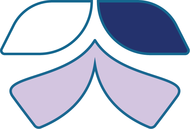 Stylized graphic of 4 leaves in shades of blue and purple.