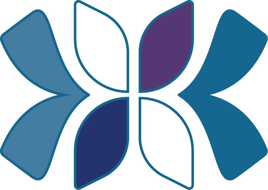 A stylized butterfly logo with four blue and purple wings, arranged symmetrically in a minimalist design.