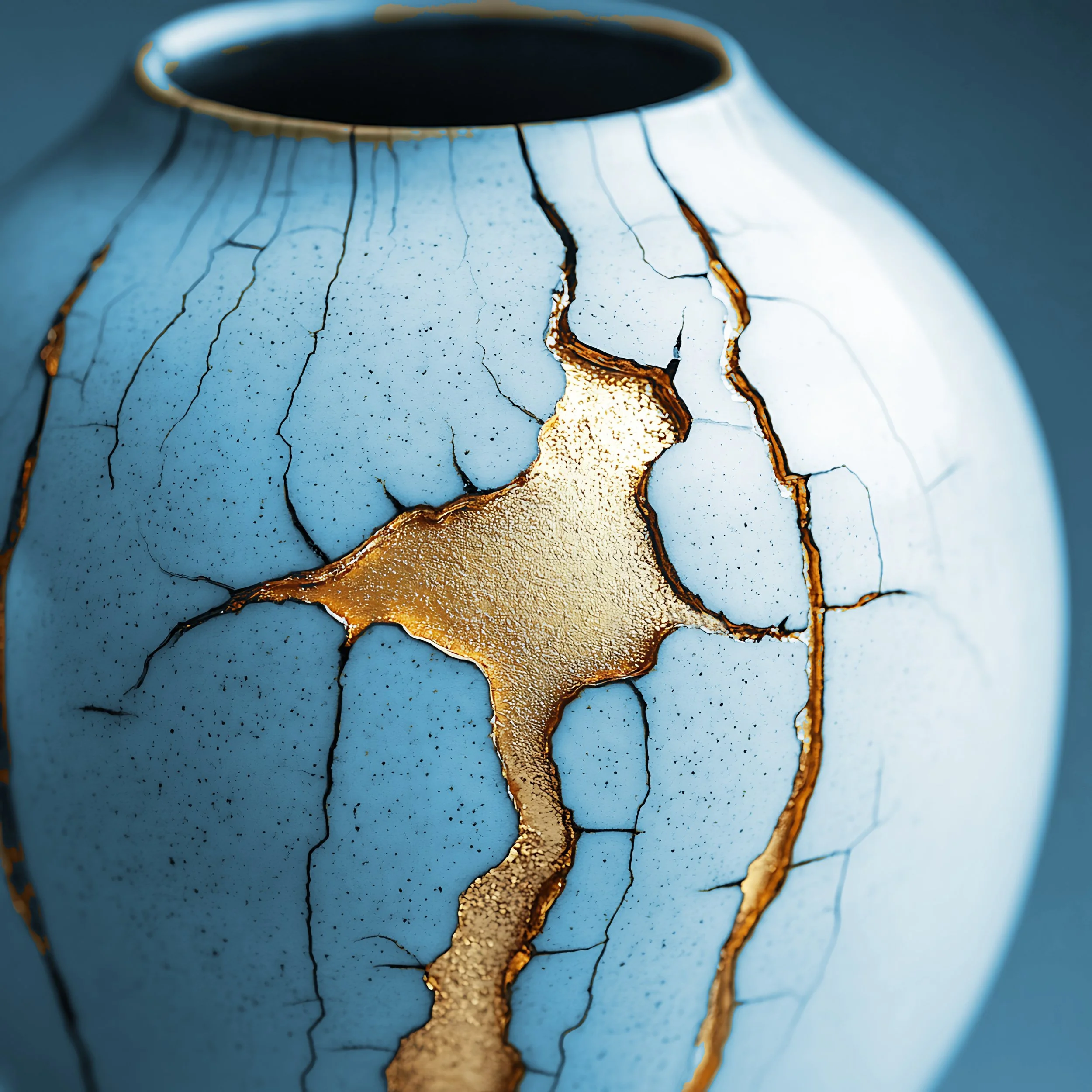Close-up of a decorative vase with a cracked blue and gold finish.