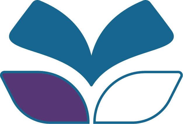 Stylized graphic of a plant with three leaves, one purple and two blue, on a black background.