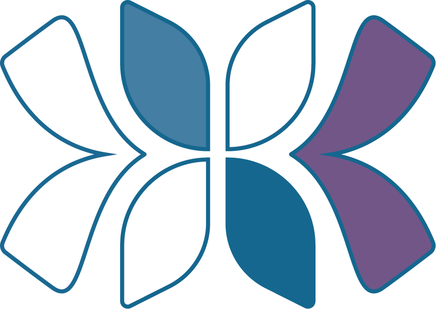 A stylized butterfly logo with wings in white, blue, and purple colors.
