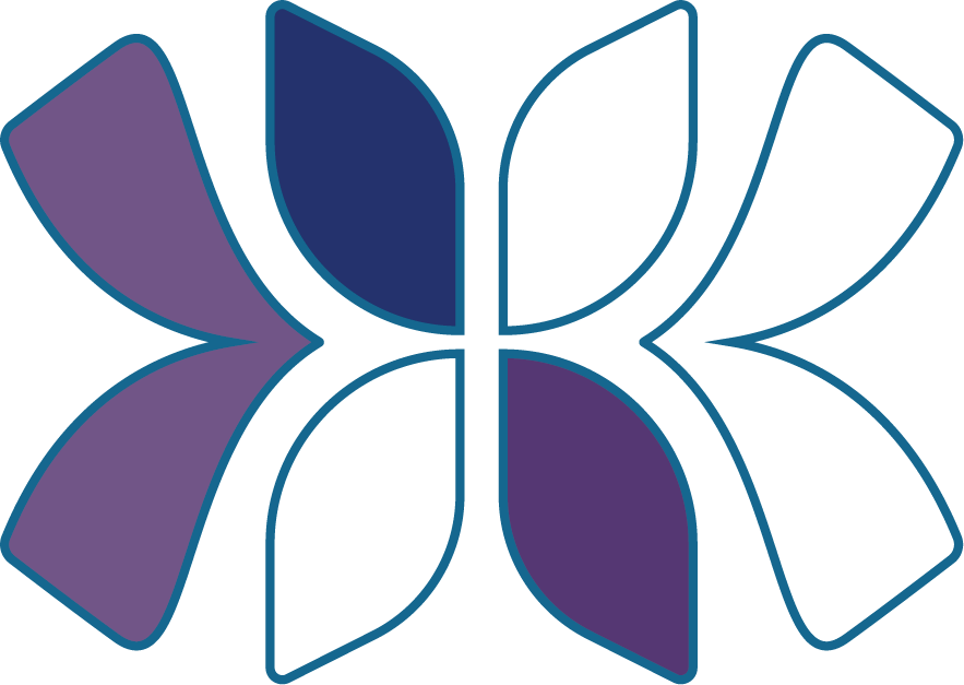 Stylized geometric butterfly with purple and blue wings outlined in blue.