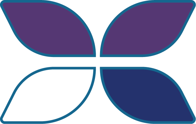 A stylized butterfly logo made up of four leaf-like shapes, two purple and two dark blue, outlined in blue.