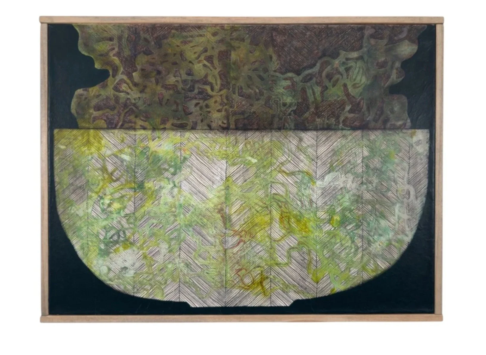 Abstract mixed media artwork with layered textures, organic shapes, and muted earthy colors framed in wood.