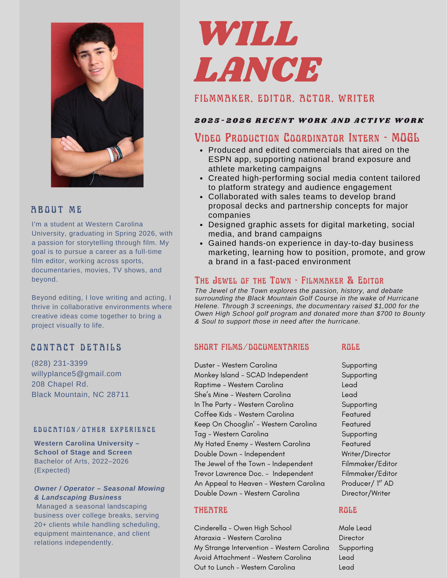 A resume and headshot of Will Lance, a young man with dark hair, wearing a black shirt, smiling with arms crossed, set against a red background.