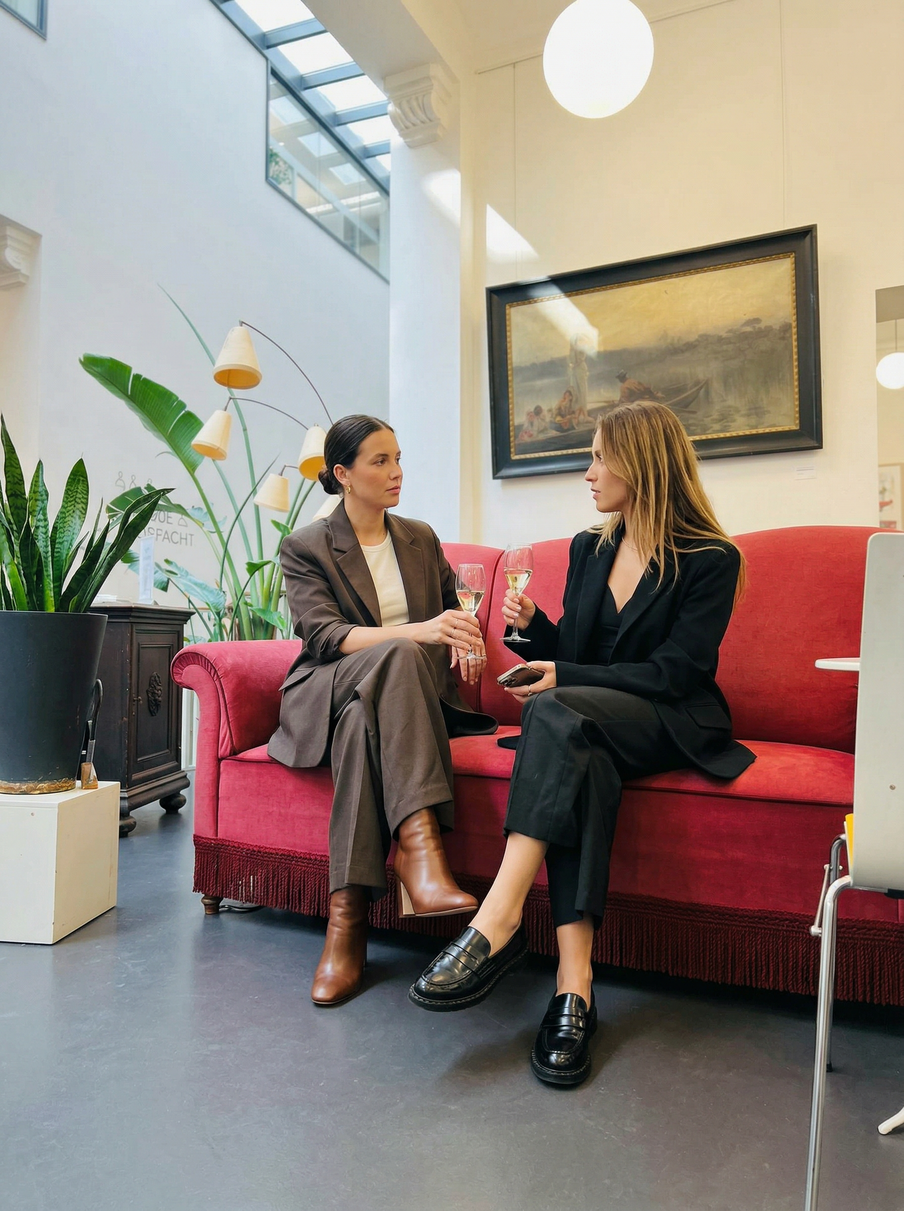 two women chatting sitting on a red sofa during a networking event