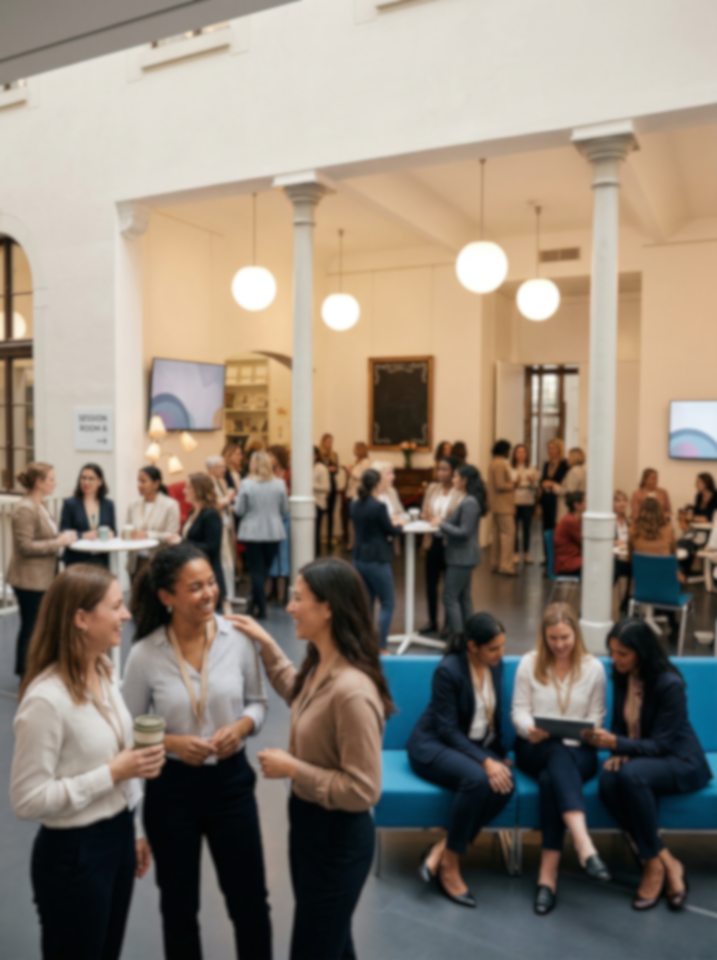 women chatting and networking at a conference