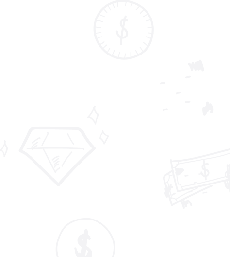 Hand-drawn illustrations of money, a diamond, clock, and sparkles in dark blue on a black background.