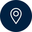 Map pin icon on a dark blue circular background.