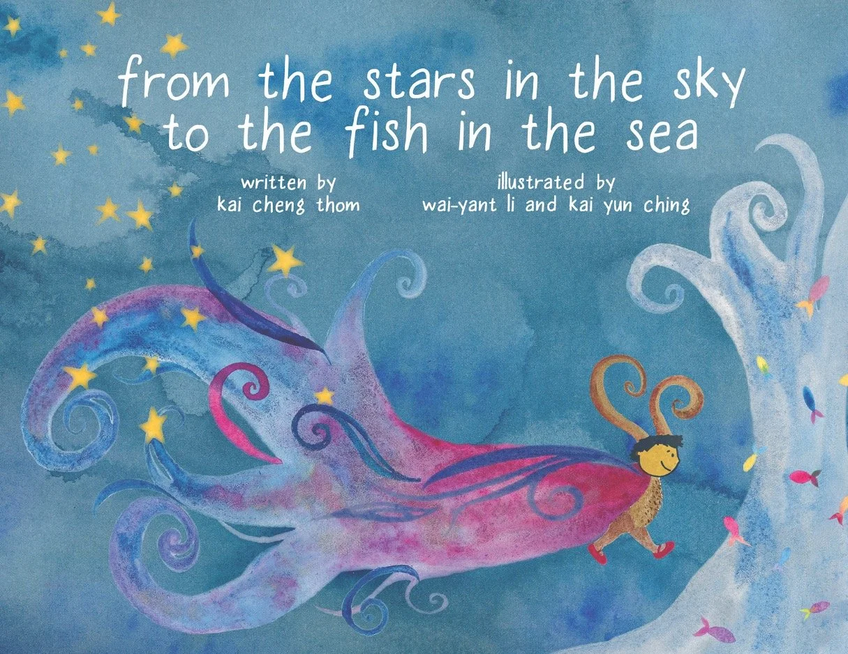 Colorful underwater scene with a young girl riding a large, whimsical fish surrounded by smaller fish, stars, and swirling ocean elements, with text about the universe and the sea.