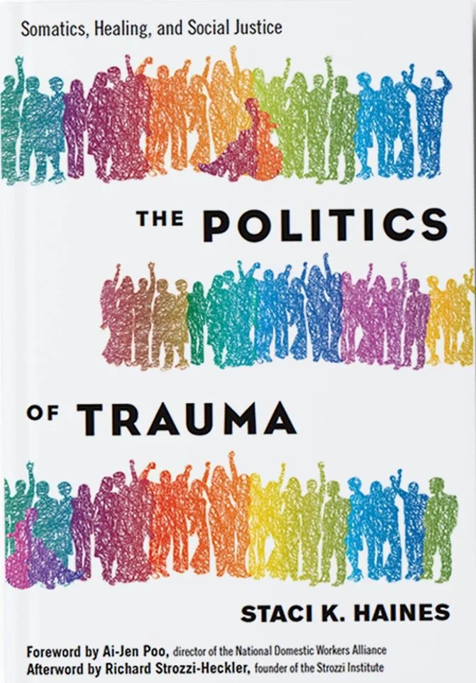 Book cover titled "The Politics of Trauma" by Staci K. Haines, featuring colorful silhouettes of people protesting and raising their hands, related to somatics, healing, and social justice.