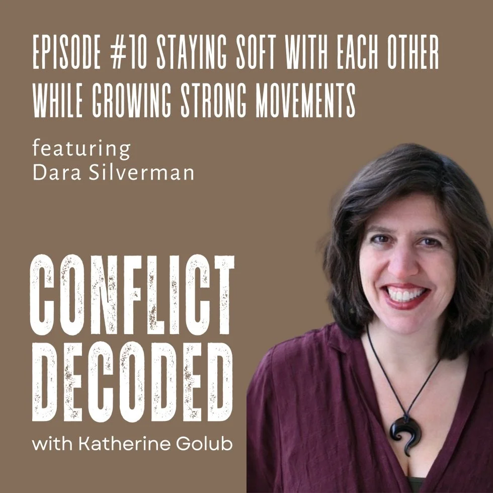 Promotional graphic with a photo of a woman with short, dark hair smiling, wearing a dark top and a necklace with a black spiral pendant. Text on the graphic reads: 'Episode #10 Staying Soft with Each Other While Growing Strong Movements featuring Dara Silverman. Conflict Decoded with Katherine Golub.' The background is light brown.