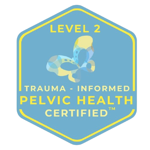 A badge with a blue background and yellow border, displaying a butterfly and text that reads "Level 2 Trauma - Informed Pelvic Health Certified."