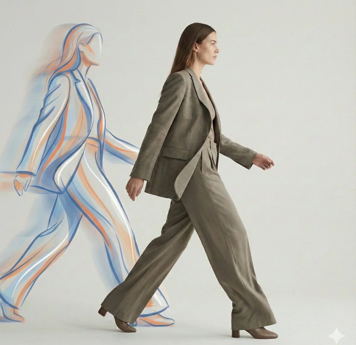 Woman in a brown business suit walking past a colorful sketch of a woman in similar attire on a plain white background.