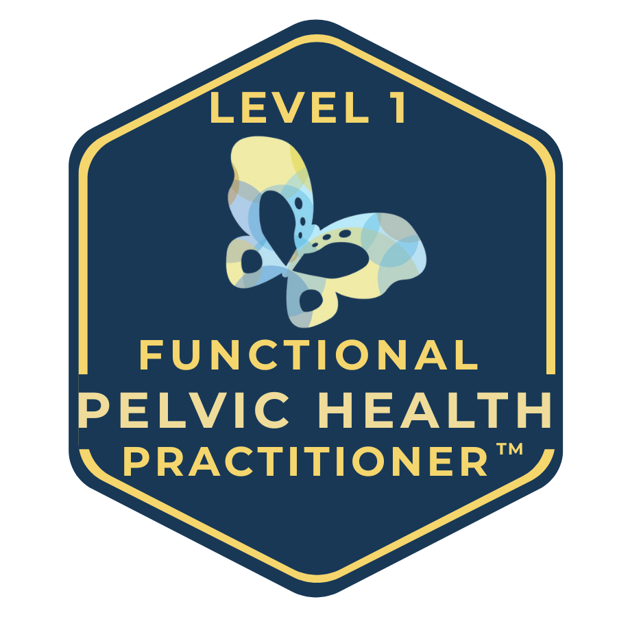 Badge with a butterfly illustration, stating 'Level 1 Functional Pelvic Health Practitioner' in yellow text on a dark blue background.