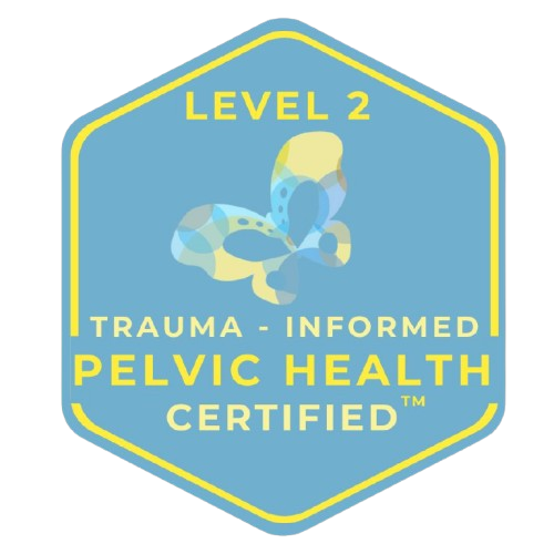 A badge with a blue background and yellow border, featuring a butterfly graphic. The text reads, "Level 2 Trauma-Informed Pelvic Health Certified."