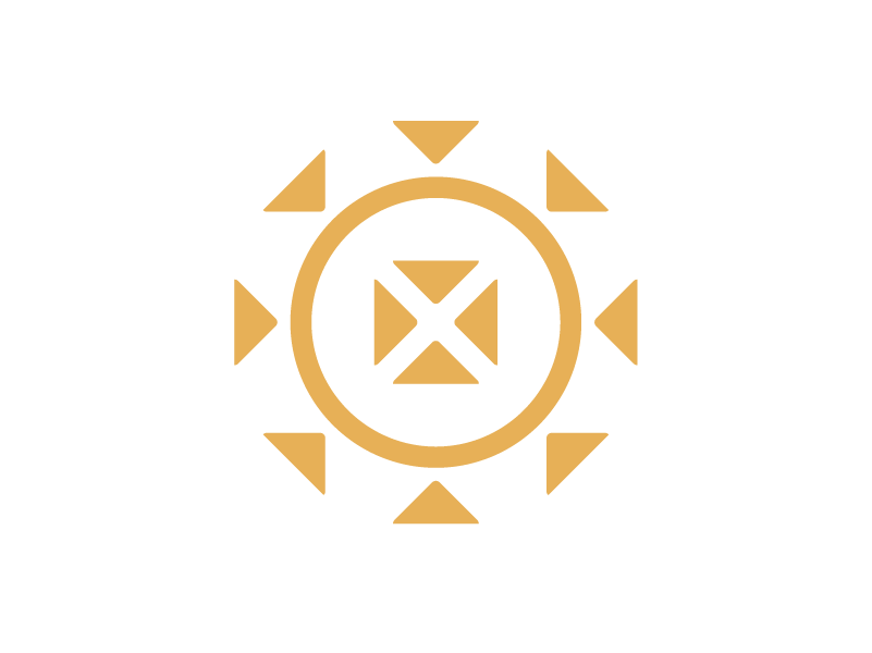 A black background with a gold circular symbol featuring a central square and four triangles pointing outward, with additional triangles surrounding the circle.