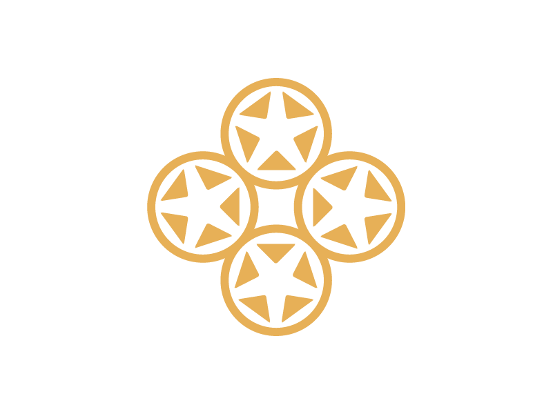 Four gold and black poker chips arranged in a diamond shape on a black background.