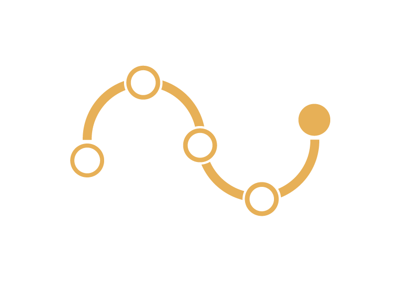 A stylized constellation pattern with five connected circles outlined in black, connected by gold lines, with a larger gold circle on the right side.