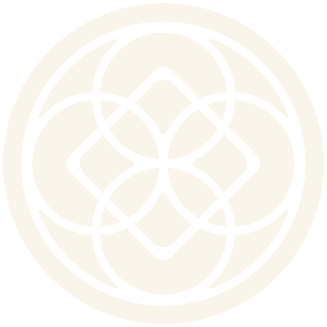 A white and beige geometric pattern design with interlocking shapes and curves