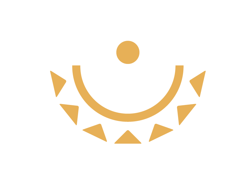 A stylized drawing of a smiling face with a semicircular mouth and a circle above it, surrounded by triangular shapes resembling teeth or spikes.