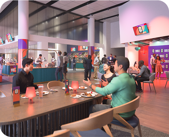 People dining and socializing in a modern, colorful food court or cafeteria with various food stations and digital screens.