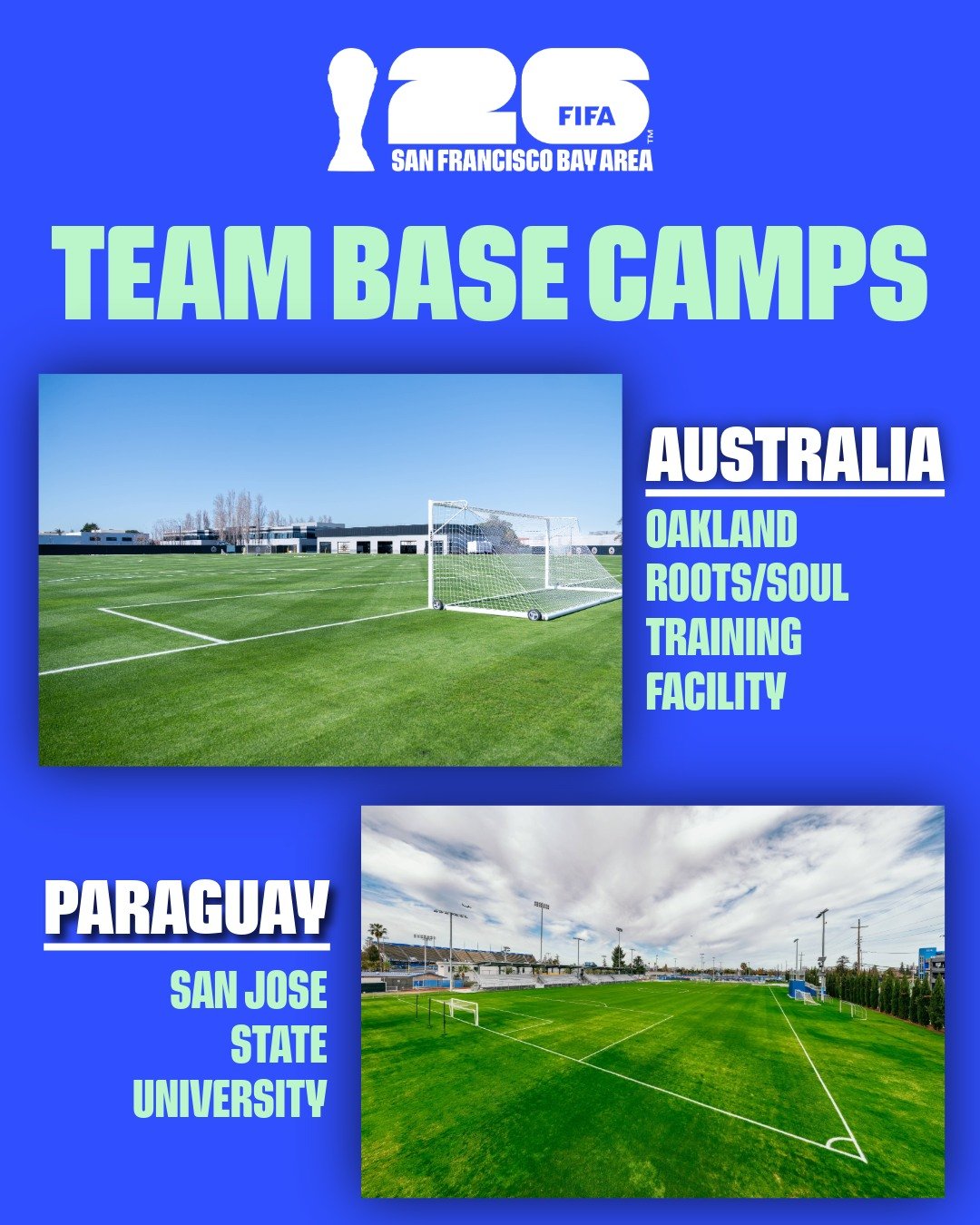 Australia and Paraguay have officially selected Bay Area venues as their FIFA World Cup 2026&trade; Team Base Camps ⚽️🌎

Australia (@footballaus / @socceroos) will train at the Oakland Roots and Soul Sports Club (@oaklandroots) facilities, while Par