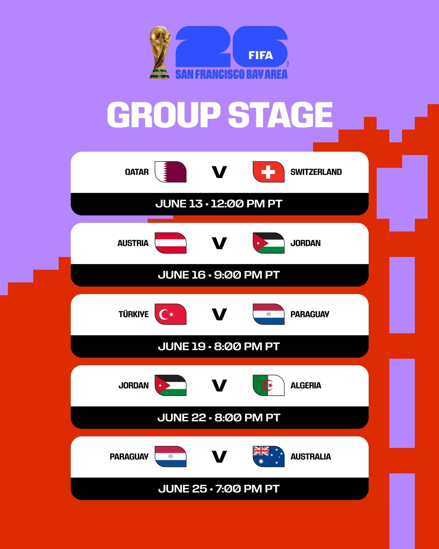 The FIFA World Cup kicks off in the Bay Area on June 13th at @LevisStadium. Brush up on the rest of the match dates and times to prepare for the Summer of Soccer 🔥

Welcoming the World to the Bay ⚽🏆

Visit fifa.com/tickets to secure your ticket!

#