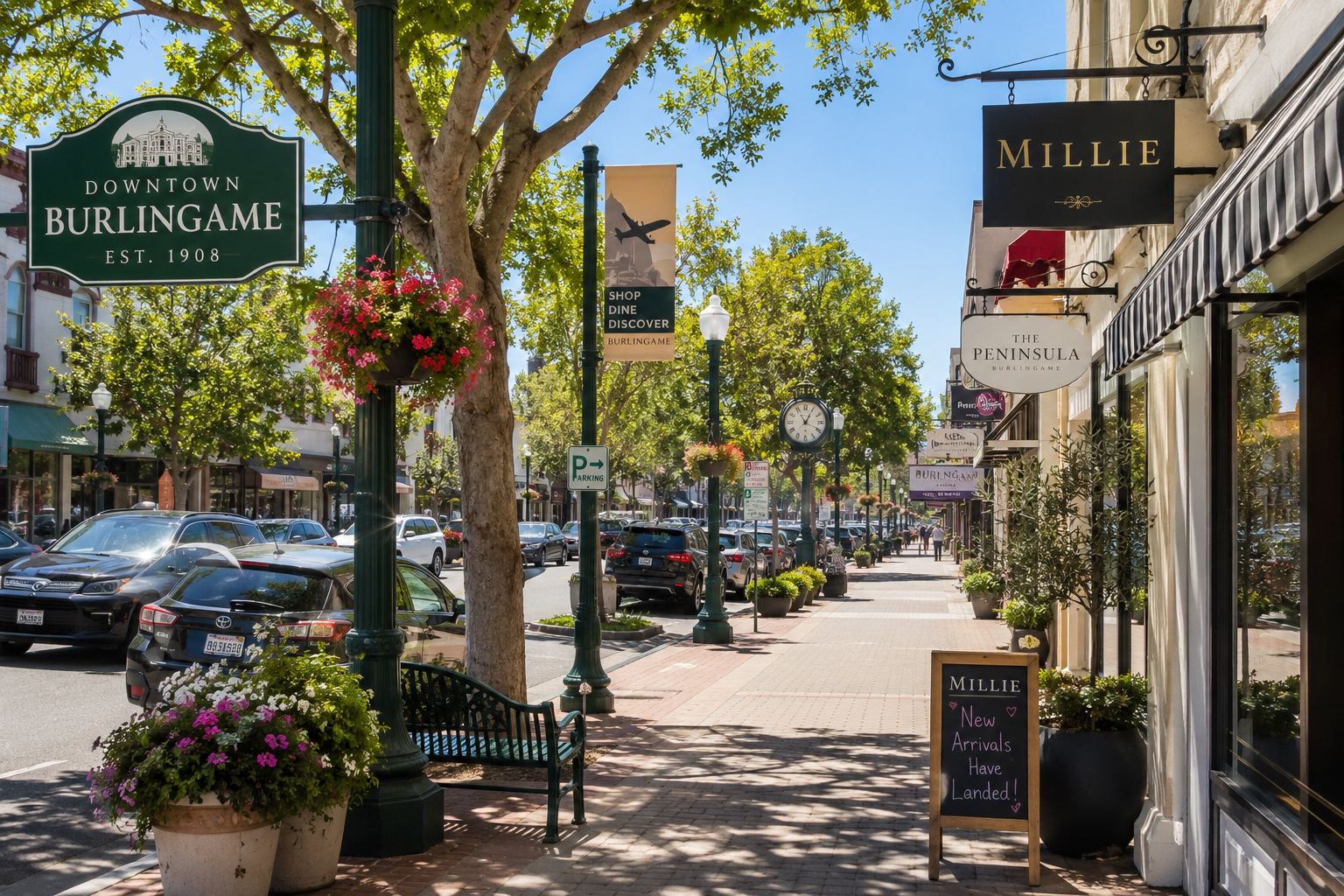 Downtown Burlingame street scene with storefronts, hanging flower baskets, parked cars, trees, and a clear blue sky.