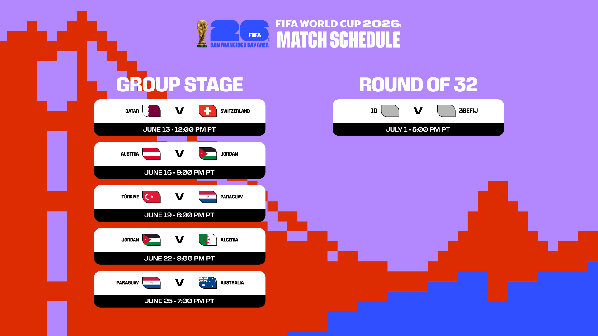FIFA World Cup 26™ SF Bay Area Match Schedule - group stage and Round of 32