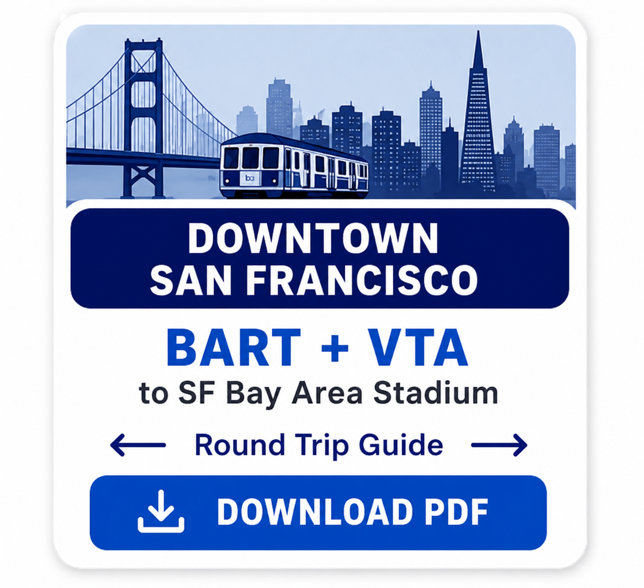 Sign promoting train travel in San Francisco, showing a city skyline, a train, and bridge, with info about BART and VTA, a round trip guide, and a PDF download button.