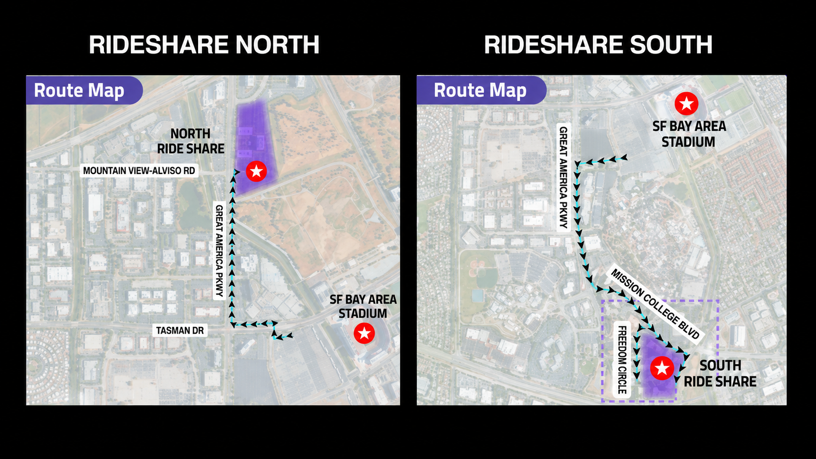Two route maps titled 'Rideshare North' and 'Rideshare South' show pick-up and drop-off points at SF Bay Area Stadium with routes marked by arrows on streets, including Mountain View-Alviso Road, Tasman Drive, Great America Parkway, Mission College Boulevard, and Freedom Circle.