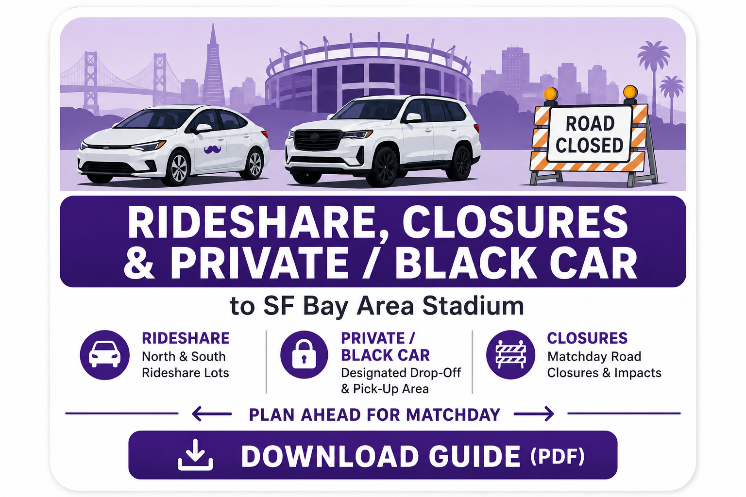 A digital graphic showing a city skyline with a bridge and landmark buildings, two white vehicles (a sedan and an SUV), and a road closed sign indicating ride-share, private, and black car restrictions to SF Bay Area Stadium.