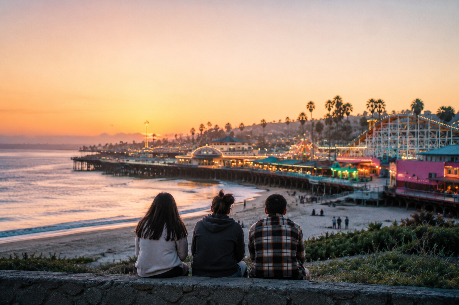 Three people sitting on a wall watching a sunset over a beach with a boardwalk and amusement park lights.