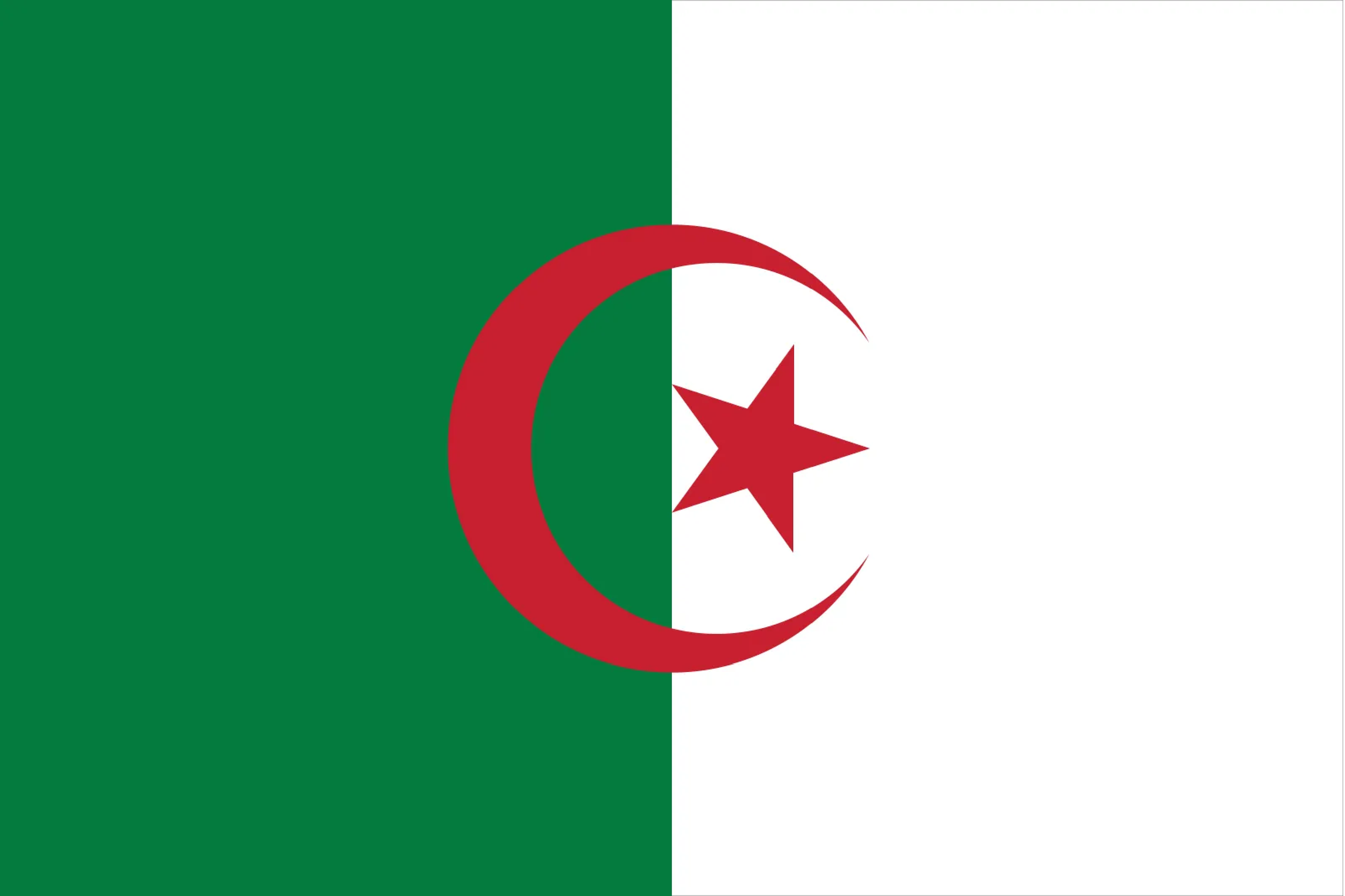 Flag of Algeria with green, white, and red colors, featuring a red crescent and star in the center.
